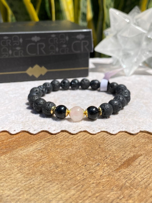 CR Uno | Lava Vulcânica, Turmalina Negra e Quartzo Rosa – Proteção, Autoconfiança e Amor (Banho Ouro 18K)