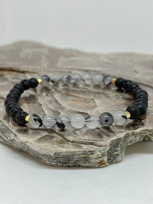 Quartzo Turmalinado e Lava Vulcânica – Clareza, Purificação e Proteção (Banho Ouro 18K) #PrimeCR