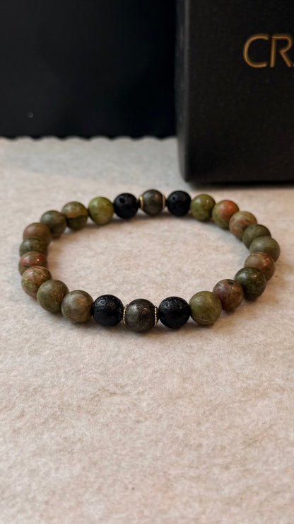 CR Aegis | Unakita, Lava Vulcânica e Pirita – Autoconhecimento, Proteção e Prosperidade (Banho Ouro 18K)