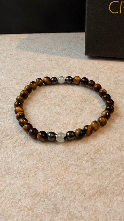 Olho de Tigre, Hematita e Quartzo Turmalinado – Proteção, Coragem e Clareza (Banho Ouro 18K) #AegisCR