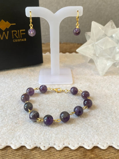 CR Conjunto | Pulseira e Brinco Ametista – Espiritualidade, Harmonia e Proteção (Banho Ouro 18K)