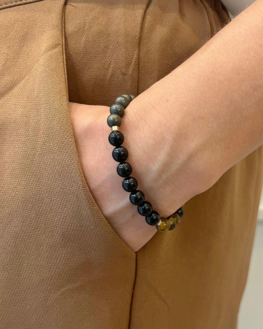 CR Prime | Turmalina Negra, Olho de Tigre, Pirita – Proteção, Positividade e Prosperidade (Banho Ouro 18K)