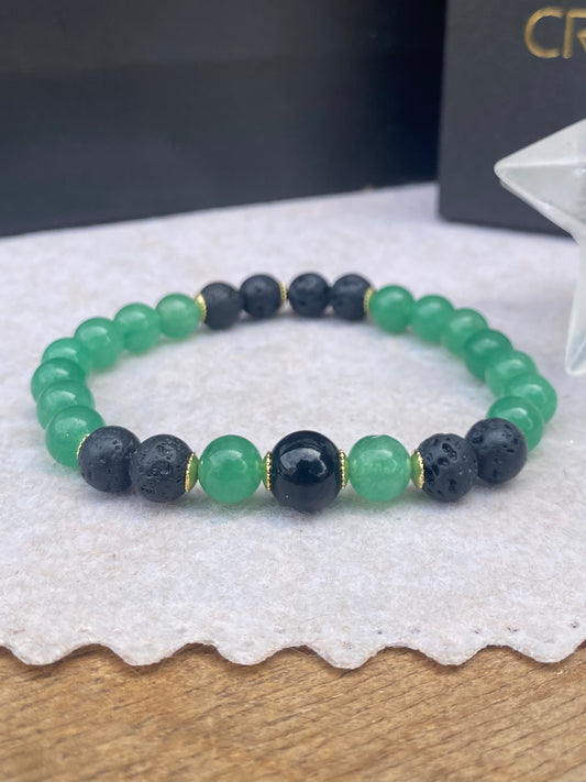 CR Deluxe | Quartzo Verde e Lava Vulcânica – Saúde, Força e Proteção (Banho Ouro 18K)