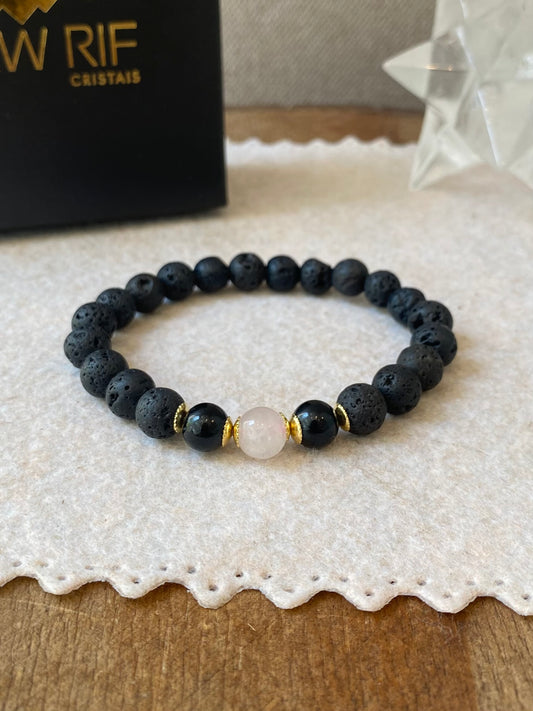 Lava Vulcânica, Turmalina Negra e Quartzo Rosa – Proteção, Autoconfiança e Amor (Banho Ouro 18K)