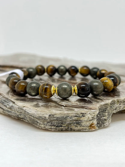 CR Golden | Pirita e Olho de Tigre – Prosperidade, Abundância e Proteção (Banho Ouro 18K)