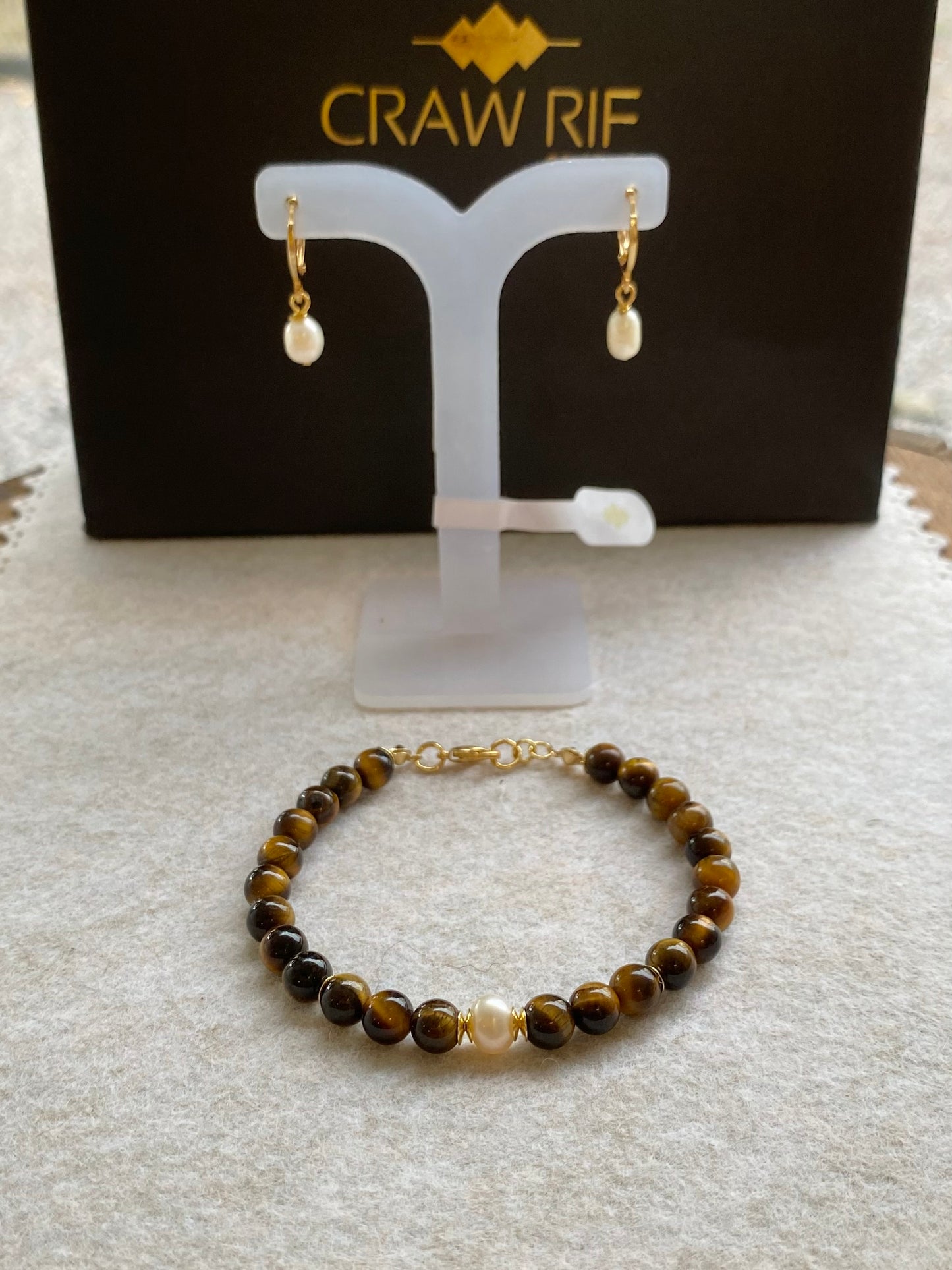 Conjunto CR Vênus | Olho de Tigre & Pérola | Proteção e Positividade (Banho Ouro 18K)