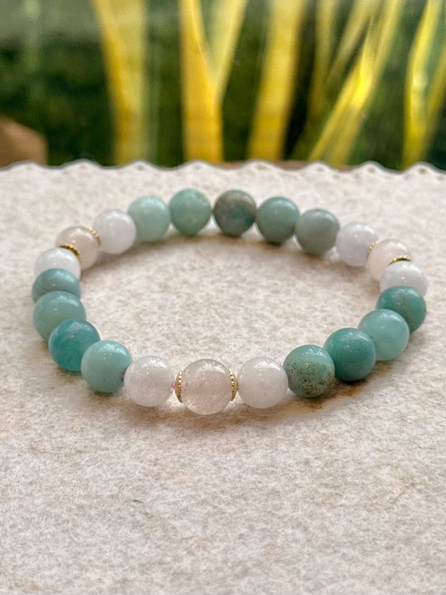 CR Tríade | Amazonita, Água Marinha e Quartzo Rosa – Bem-Estar, Equilíbrio Emocional e Amor (Banho Ouro 18K)