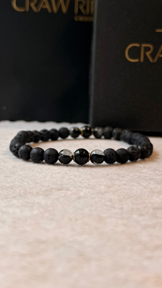 Lava Vulcânica, Quartzo Turmalinado e Turmalina Negra – Proteção, Clareza e Força Pessoal (Banho Ouro 18K) #AegisCR