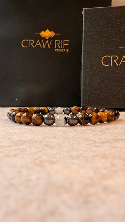 Olho de Tigre, Hematita e Quartzo Turmalinado – Proteção, Coragem e Clareza (Banho Ouro 18K) #AegisCR