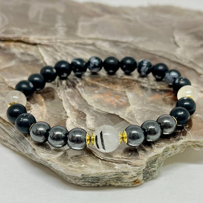 Obsidiana Flocos de Neve, Quartzo Turmalinado e Hematita – Escudo Energético, Clareza e Proteção (Banho Ouro 18K) #GoldenCR