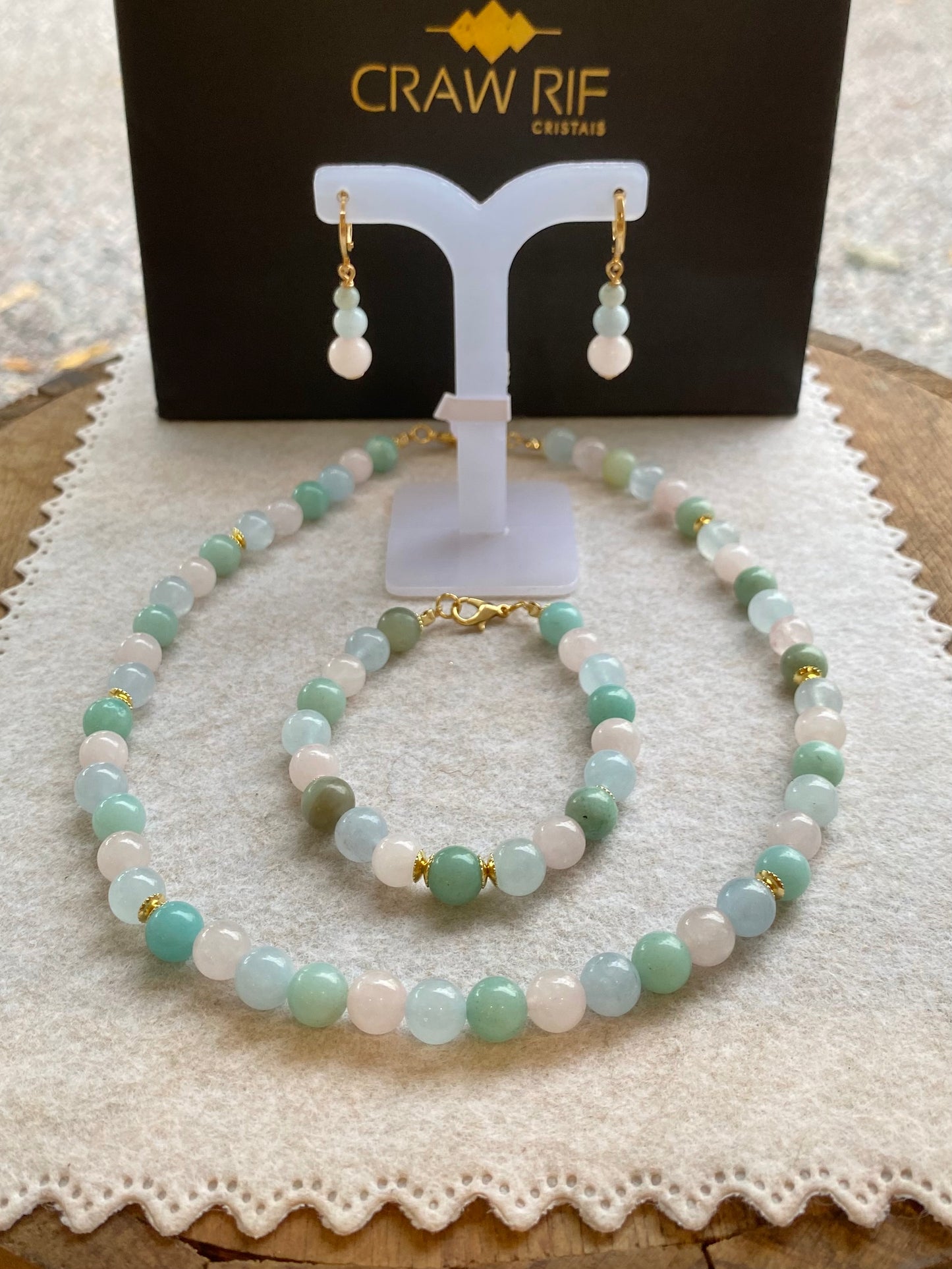 Conjunto CR Grace | Amazonita, Quartzo Rosa & Água Marinha — Equilíbrio Emocional (Banho Ouro 18K)