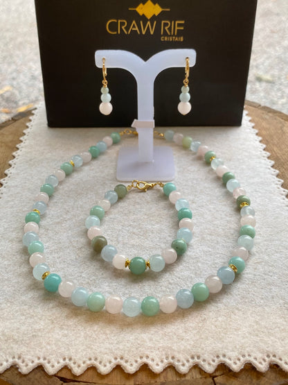 Conjunto CR Grace | Amazonita, Quartzo Rosa & Água Marinha — Equilíbrio Emocional (Banho Ouro 18K)