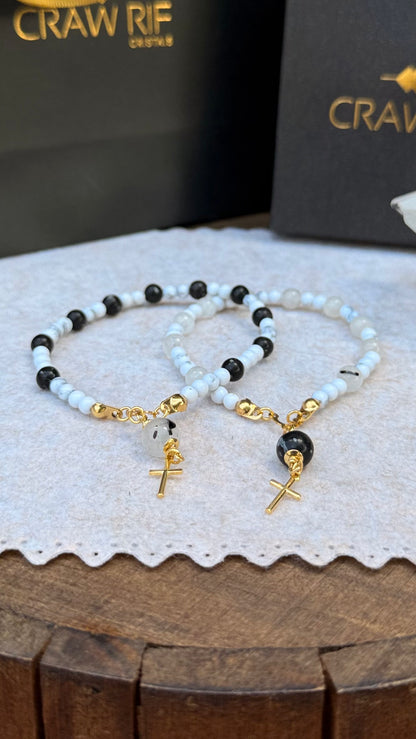 CR Casal | Terço de Mão Howlita, Quartzo Turmalinado e Obsidiana Flocos de Neve – Paz, Limpeza e Proteção (Banho Ouro 18K)