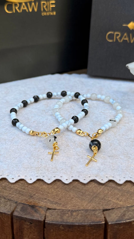 CR Casal | Terço de Mão Howlita, Quartzo Turmalinado e Obsidiana Flocos de Neve – Paz, Limpeza e Proteção (Banho Ouro 18K)