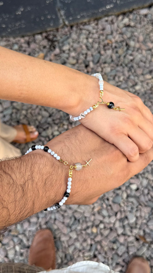 CR Casal | Terço de Mão Howlita, Quartzo Turmalinado e Obsidiana Flocos de Neve – Paz, Limpeza e Proteção (Banho Ouro 18K)