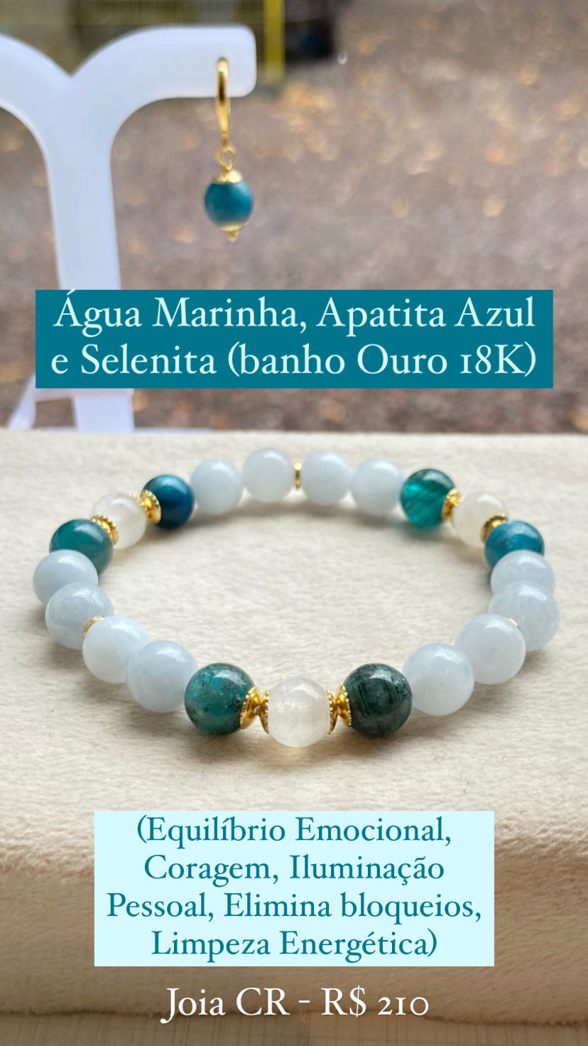 Água Marinha, Apatita e Selenita Branca (Equilíbrio, Iluminação Pessoal e Limpeza Energética)