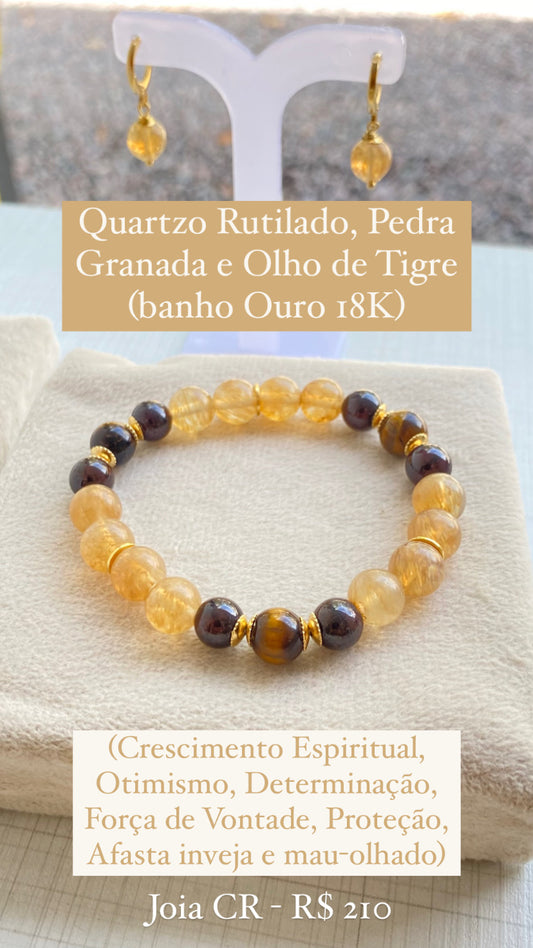 Quartzo Rutilado, Pedra Granada e Olho de Tigre (Crescimento Espiritual, Determinação e Proteção)