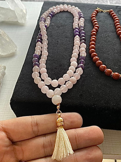 Japamala de Quartzo Rosa e Ametista