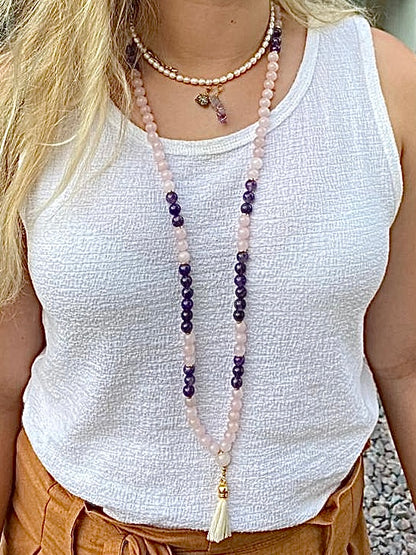 Japamala de Quartzo Rosa e Ametista