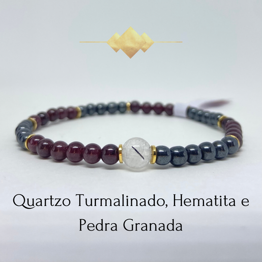 Pedra Granada, Hematita e Quartzo Turmalinado (Prosperidade, Determinação, Luz)