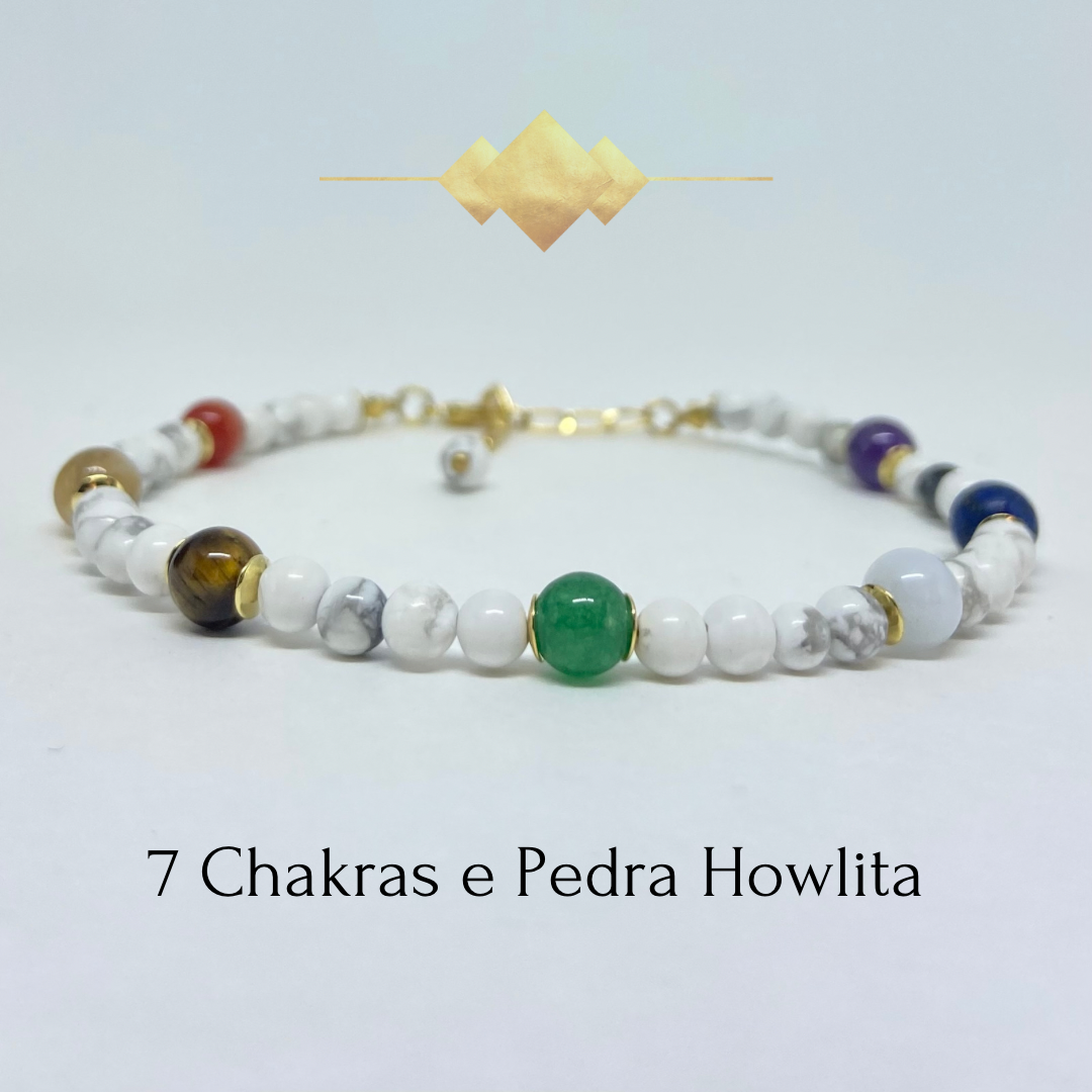 Tornozeleira dos 7 Chakras e Pedra Howlita (Equilíbrio Emocional, Paz)
